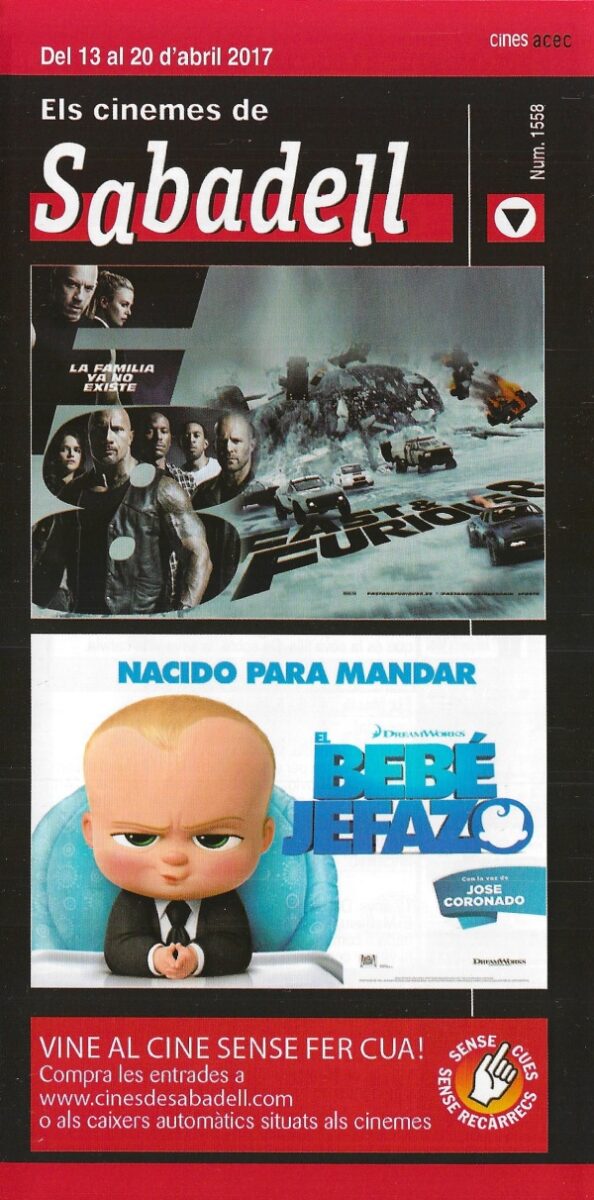 Cartelera mostrando los estrenos de Fast and Furious 8 y el Bebé Jefazo